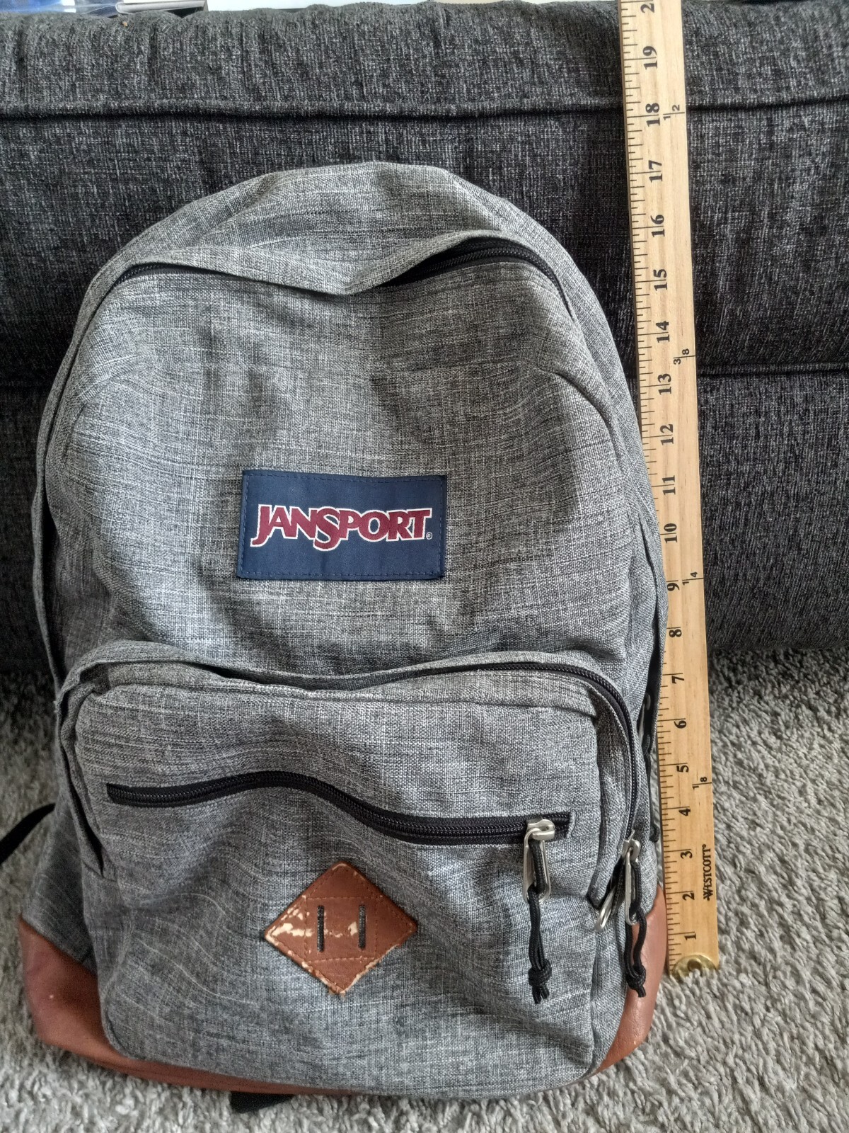 Jansport Backpack Cool Student Laptop Gray Faux Brown Leather