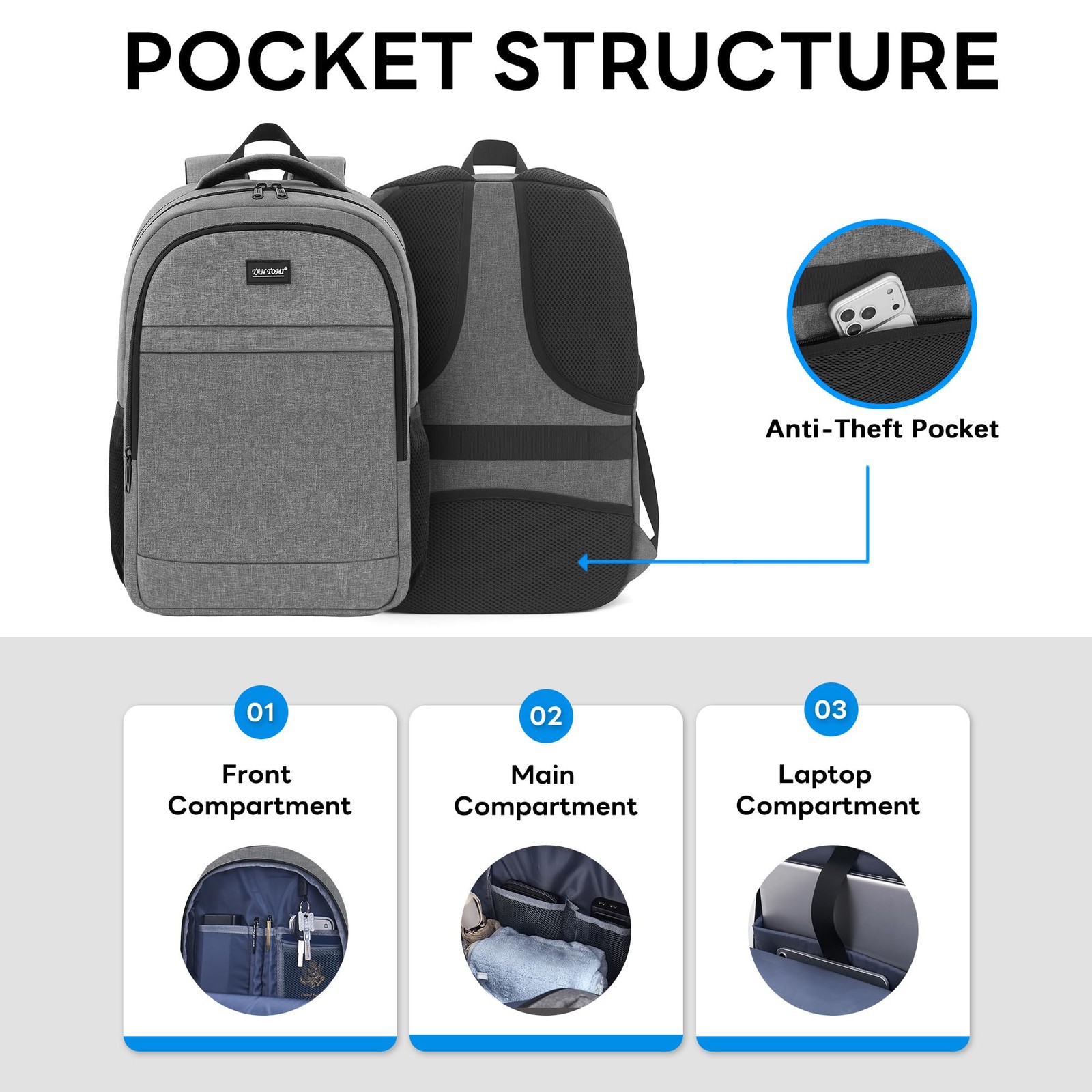 TANTOMI 17in Laptop Backpack USB Anti Theft Travel School Bag