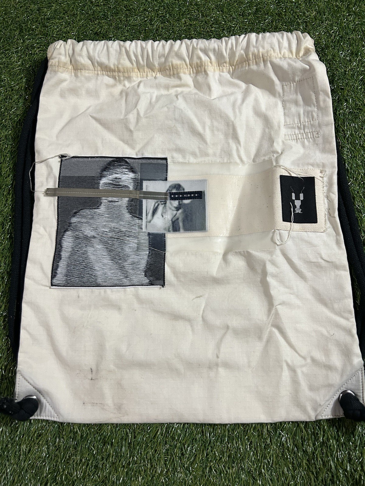 RICK OWENS DRKSHDW DRAWSTRING PATCHED GYM BAG 100% COTTON NATURAL COLOR USED