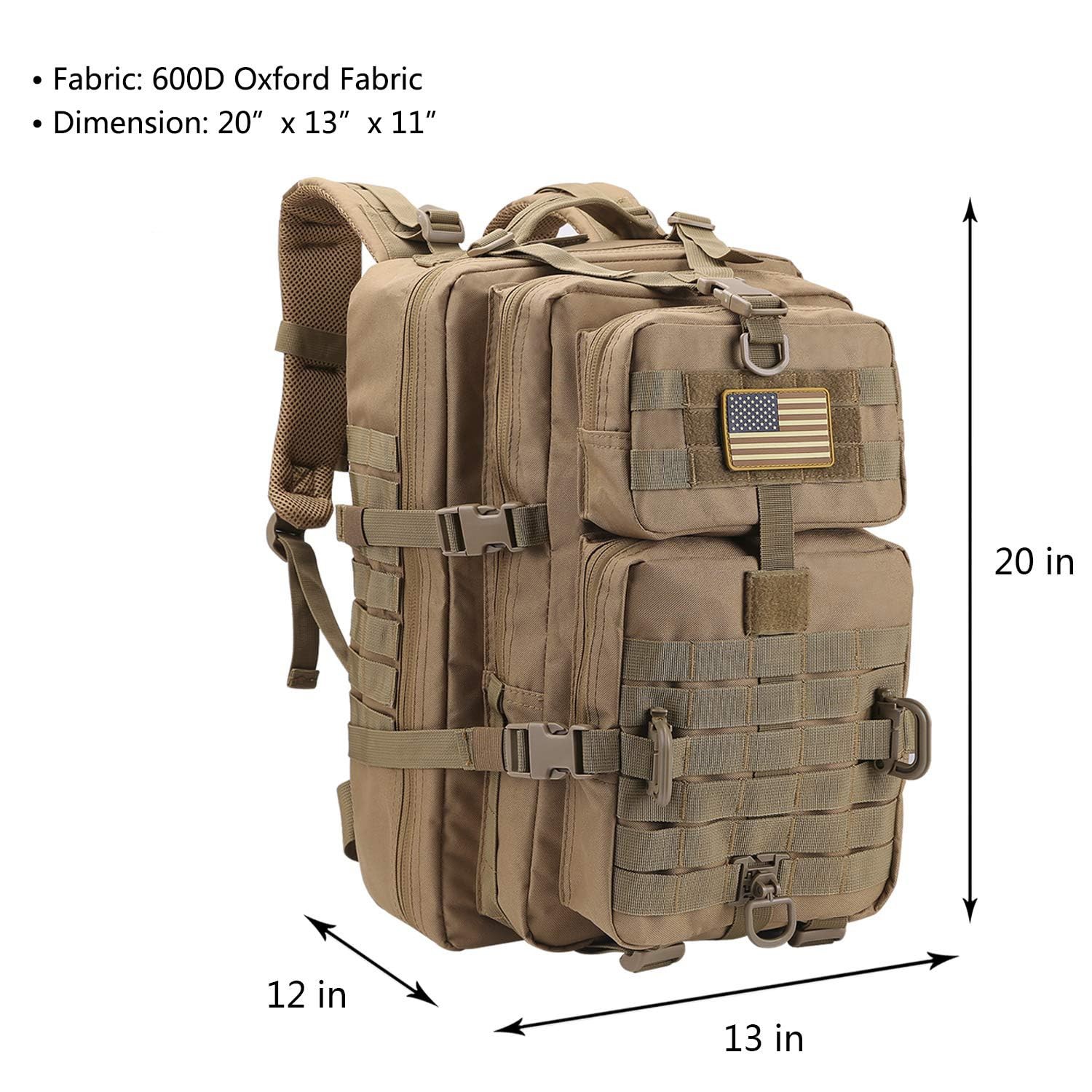 Assault Pack Tactical Backpack 3-Day Rucksack Coyote with USA Patch