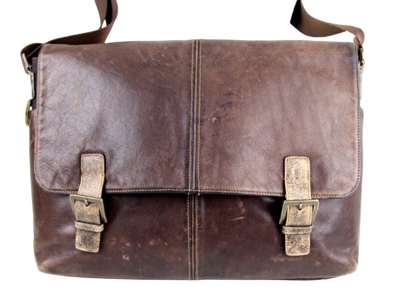 BOCONI BROWN REAL LEATHER CANVAS FLAP LAPTOP SHOULDER BAG XBODY MESSENGER