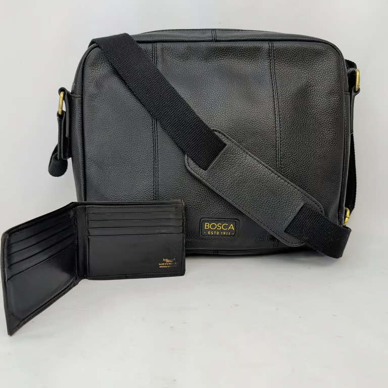 Bosca Black Pebbled Leather Crossbody Messenger Bag and Wallet Set Mens Nylon