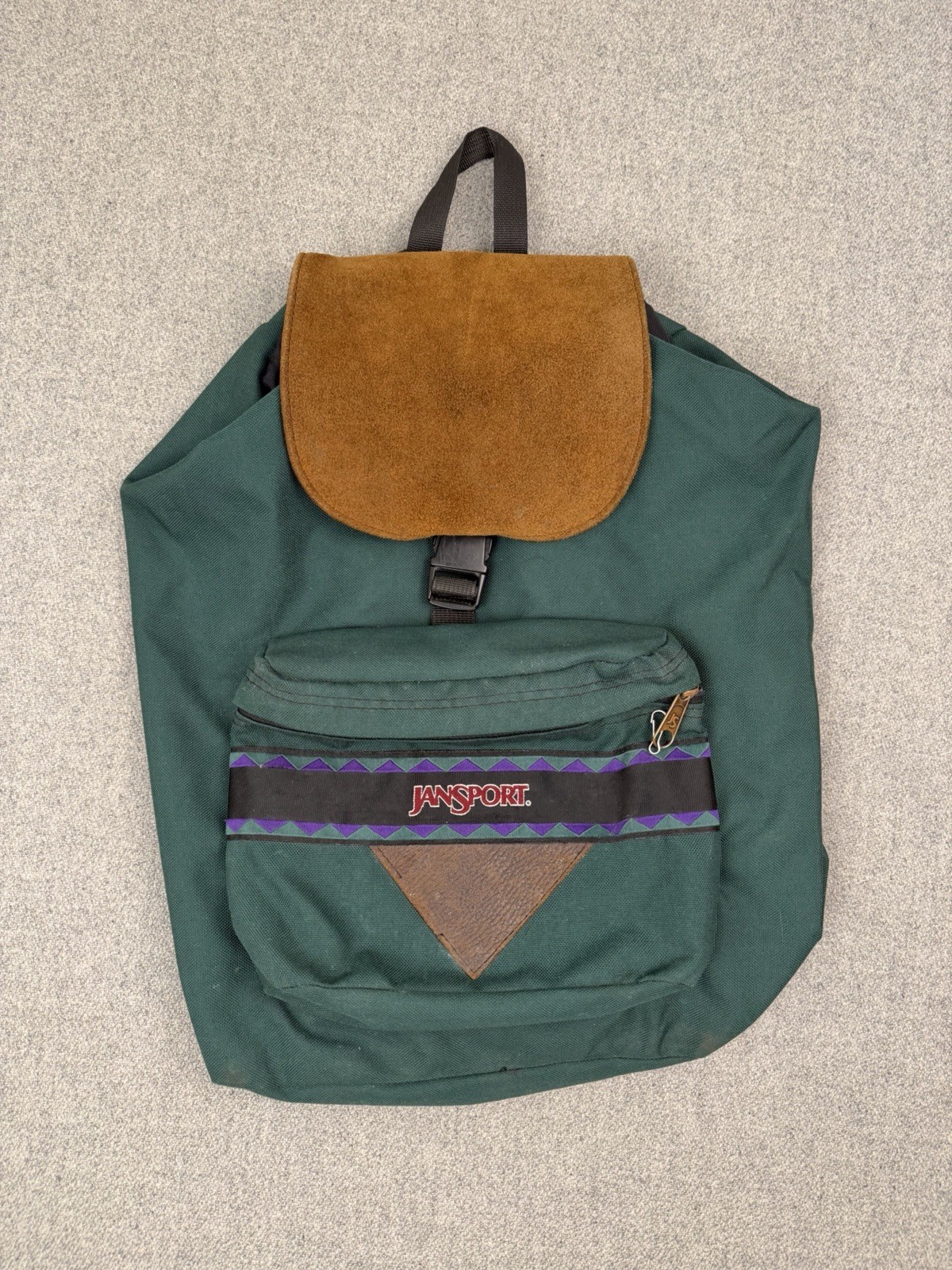 Vintage 90s Jansport USA Leather Flap Backpack Aztec Southwestern Drawstring