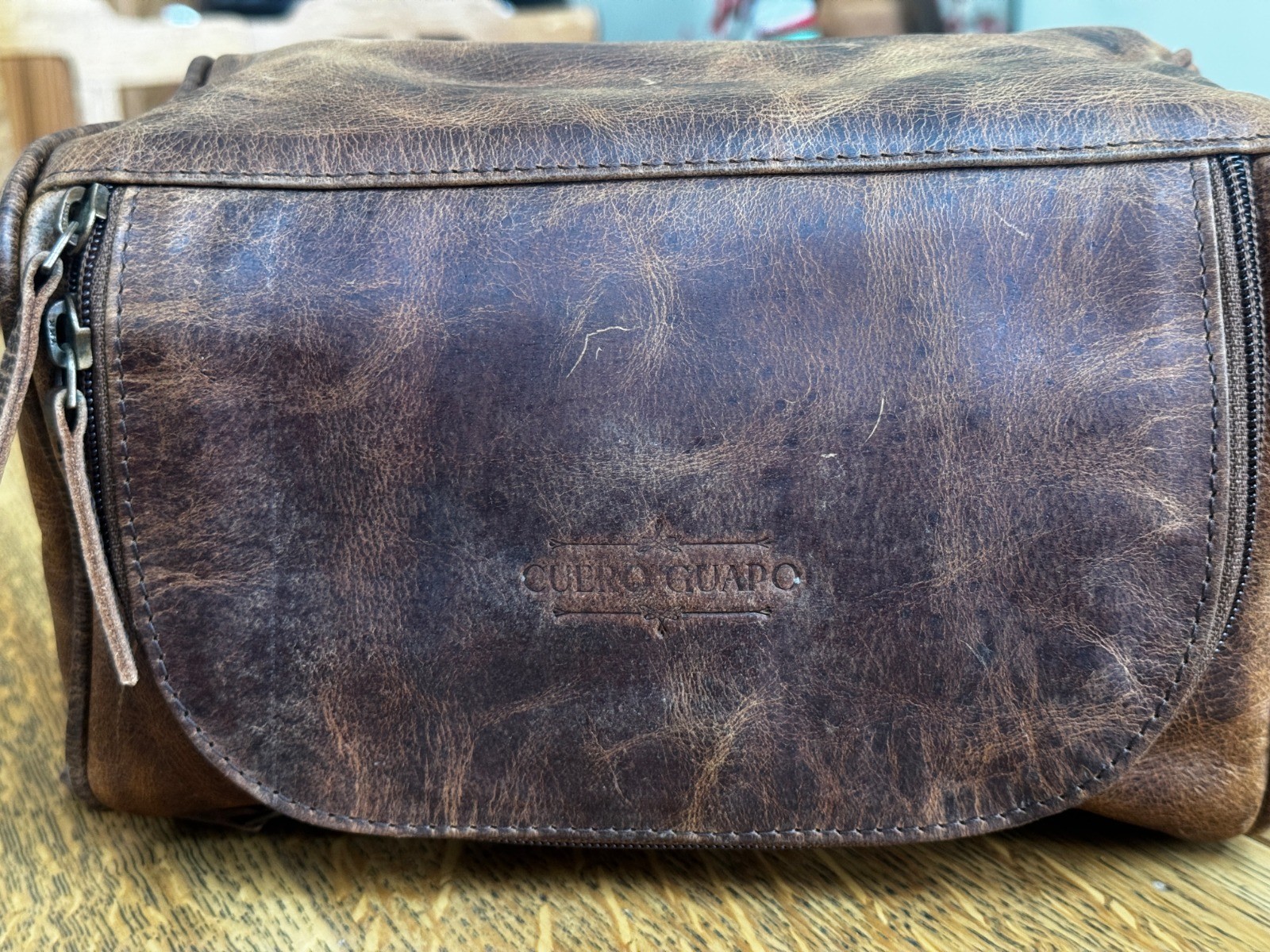 medium size Grain Leather Dopp Kit Shaving Toiletry Travel Bag Dark Brown