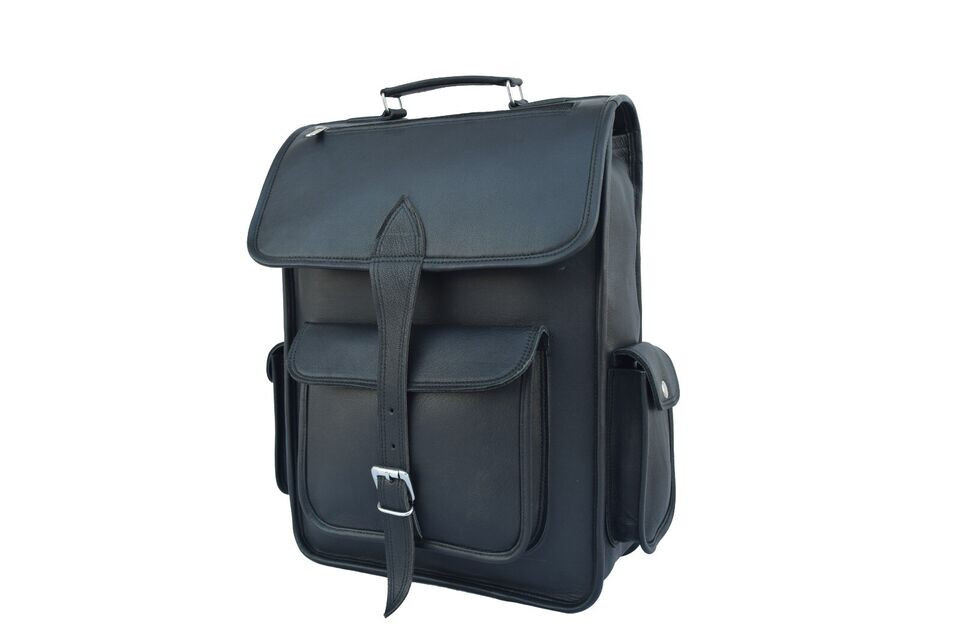 Black Leather Backpack Shoulder Bag 17 In Laptop Rucksack Office School Daypack