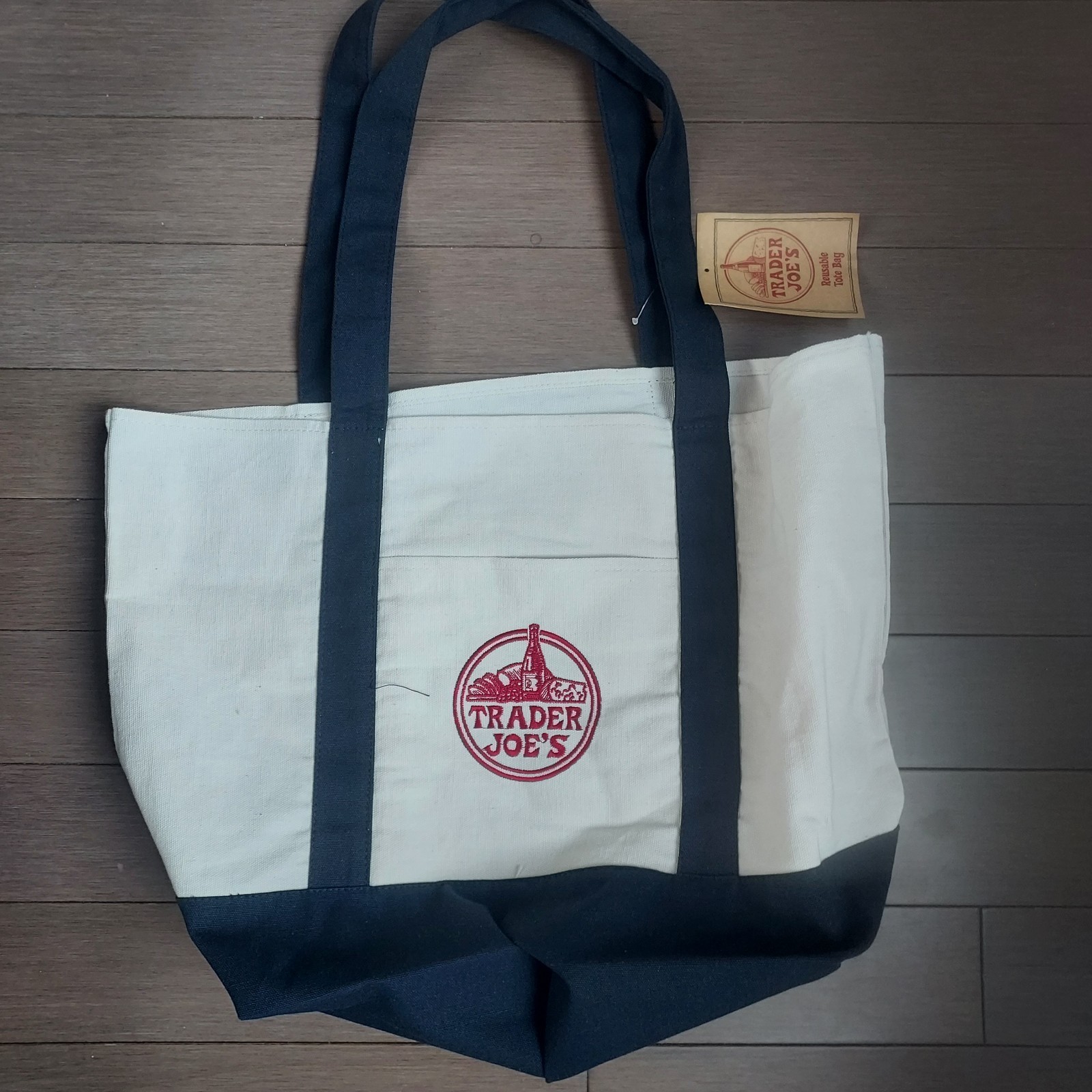 Trader Joe’s tote Bag Canvas BlueWhite Size L (20.5 × 14) Inches New With Tag