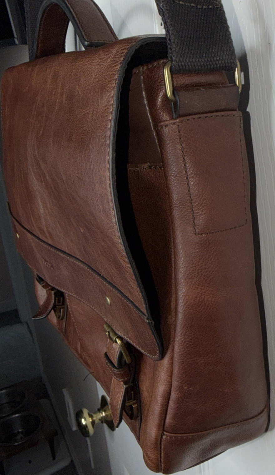 Vtg 90s Fossil Brown Cow Hide Leather Miles Messenger Bag Satchel Crossbody
