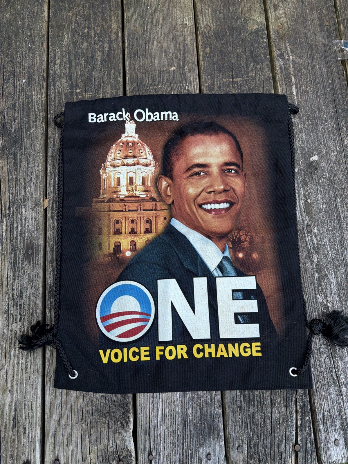 Barack Obama One Voice For Change Black Drawstring Backpack Color Two Sided