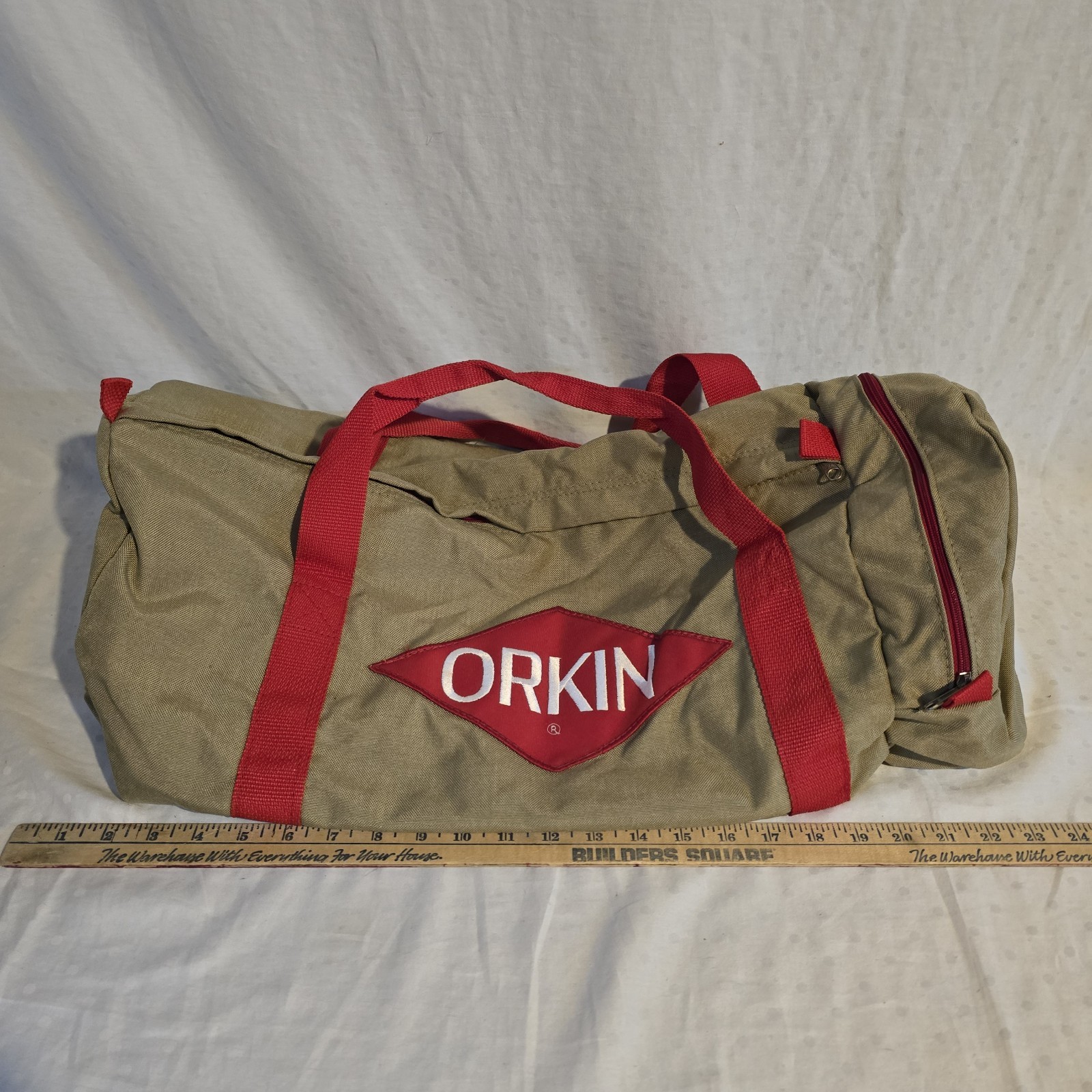 Vintage Orkin Pest Control Canvas Style Duffle Bag Large Embroidered Logo Tan…