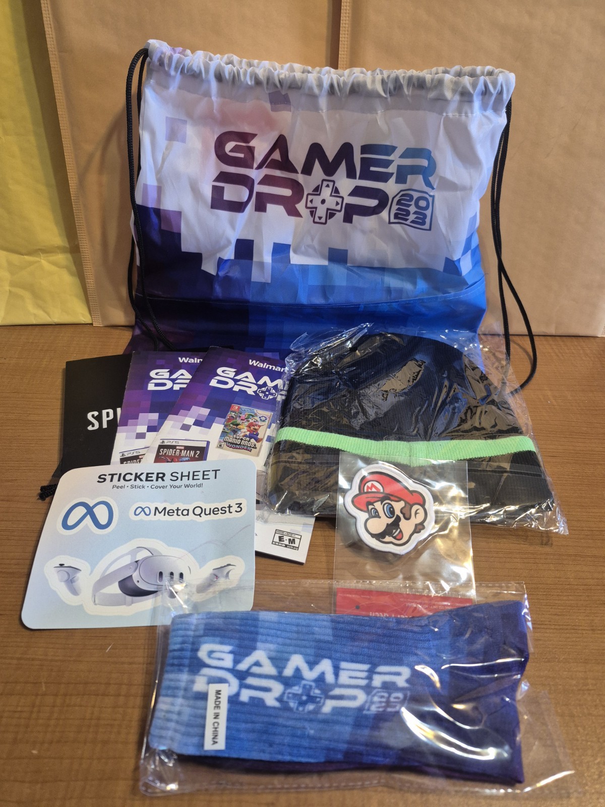 Gamer Drop 2023 Swag Bag Drawstring Backpack w/Swag Included ~ Beanie, Socks…