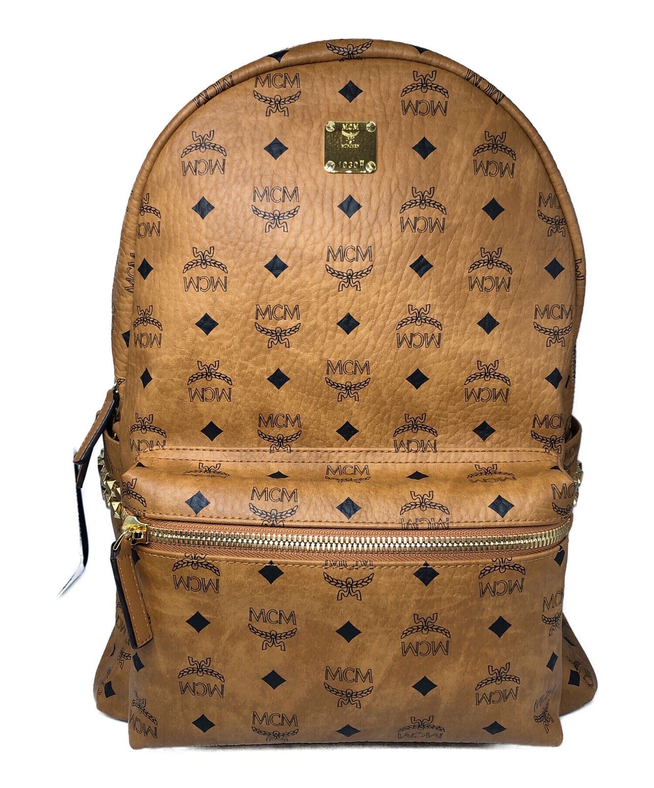 MCM Stark Visetos Brown Monogram Studded Leather Backpack Men Gold Tone 41cm