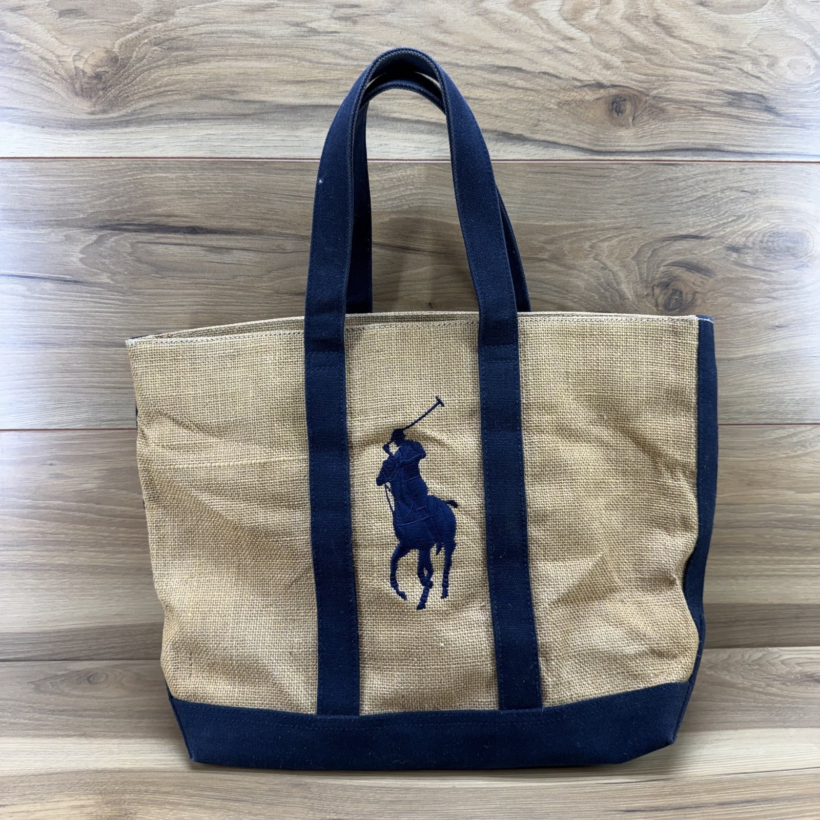 Polo Ralph Lauren Jute Canvas Big Pony Tote Bag Navy Canvas Resort Vacation