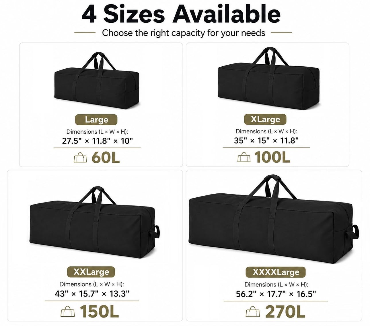 Heavy Duty 60L Canvas Travel Duffle Bag Army Green Side Opening Large Sports