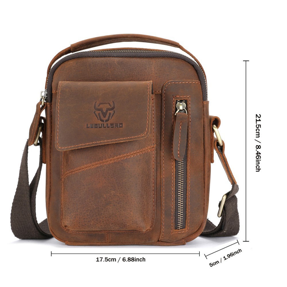 LEBULLBRO Mens Crazy Horse Leather Crossbody Bag Messenger Shoulder Handbag Gift