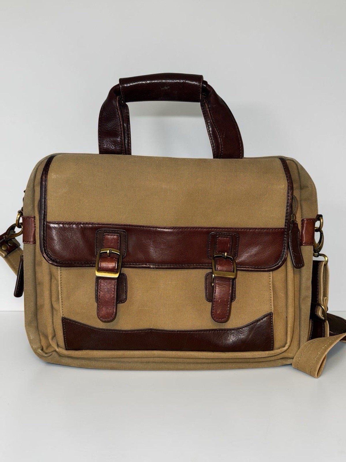 Bosca Leather & Canvas Messenger Bag Briefcase Tan & Brown Attache Laptop Work