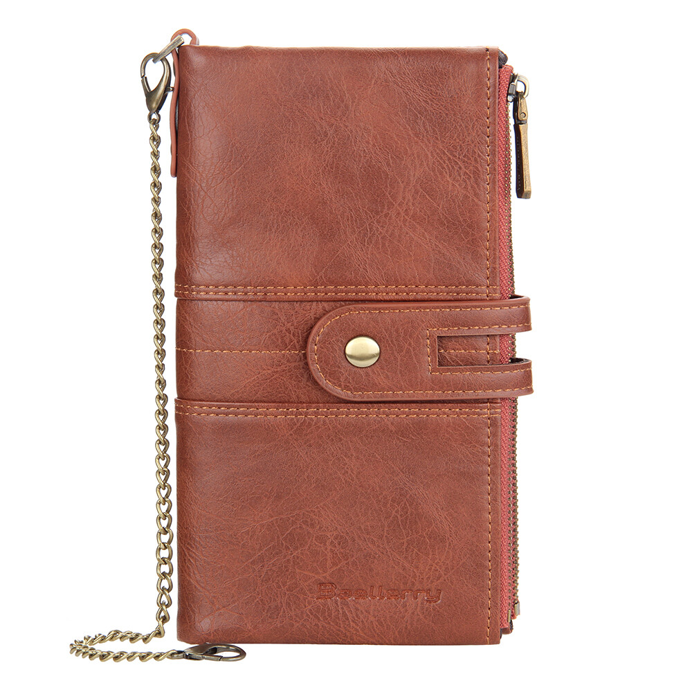 Men Wallet with Anti-Theft Chain RFID Blocking Leather Purse Zipper Phone Holder