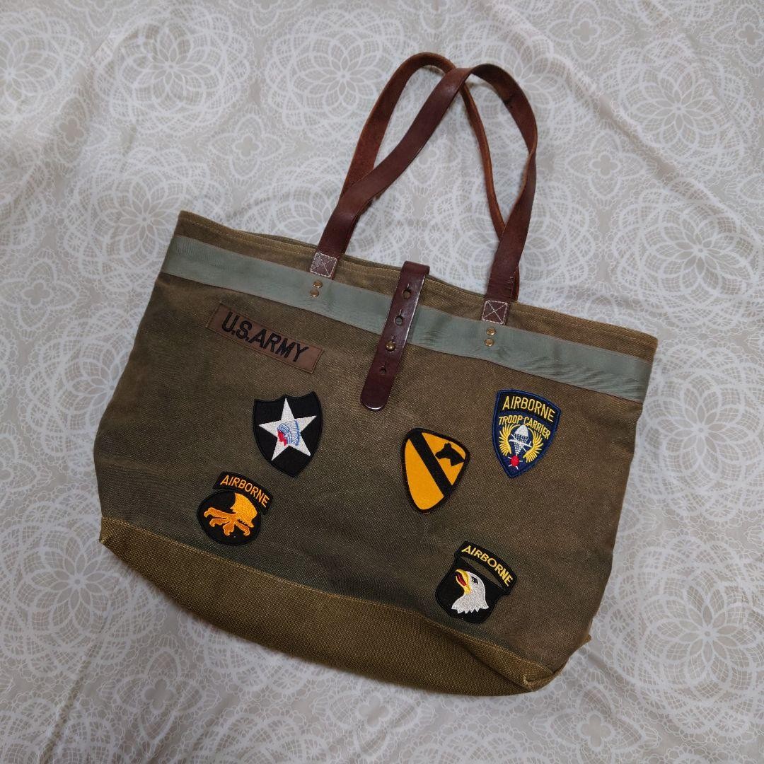 Avirex U.S. Army Khaki Canvas Tote Bag Leather Handle Used