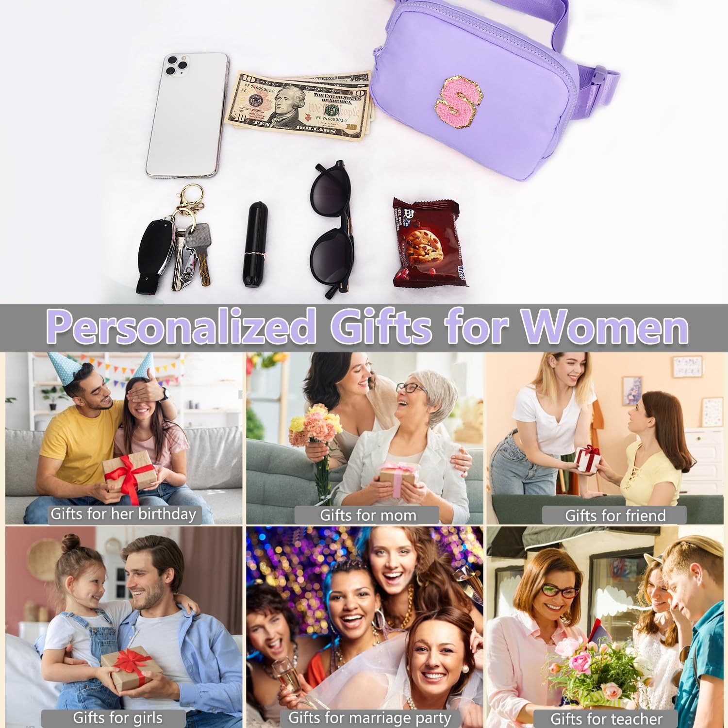 Belt Bag Fanny Pack for Girls – Women Initial Crossbody Medium, Purple