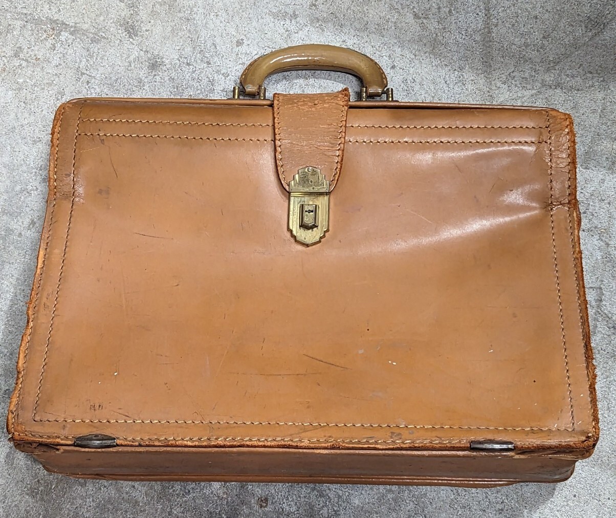 Vintage Cowhide Leather Briefcase- Split-Tan Doctors Bag- MCM- Distressed