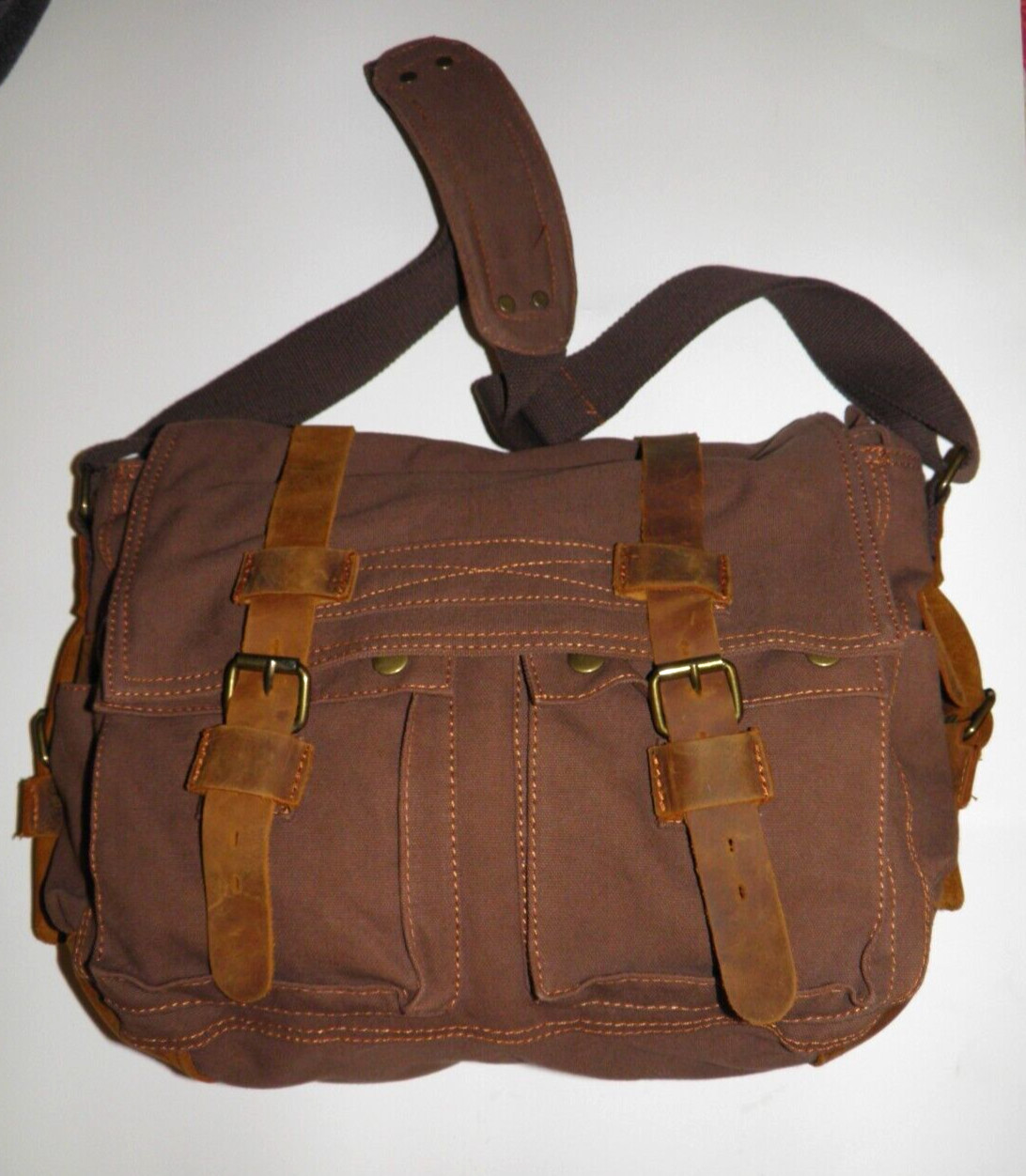 Augur Strauss Cross Body Messenger Bag Tote Brown Canvas Leather Trim
