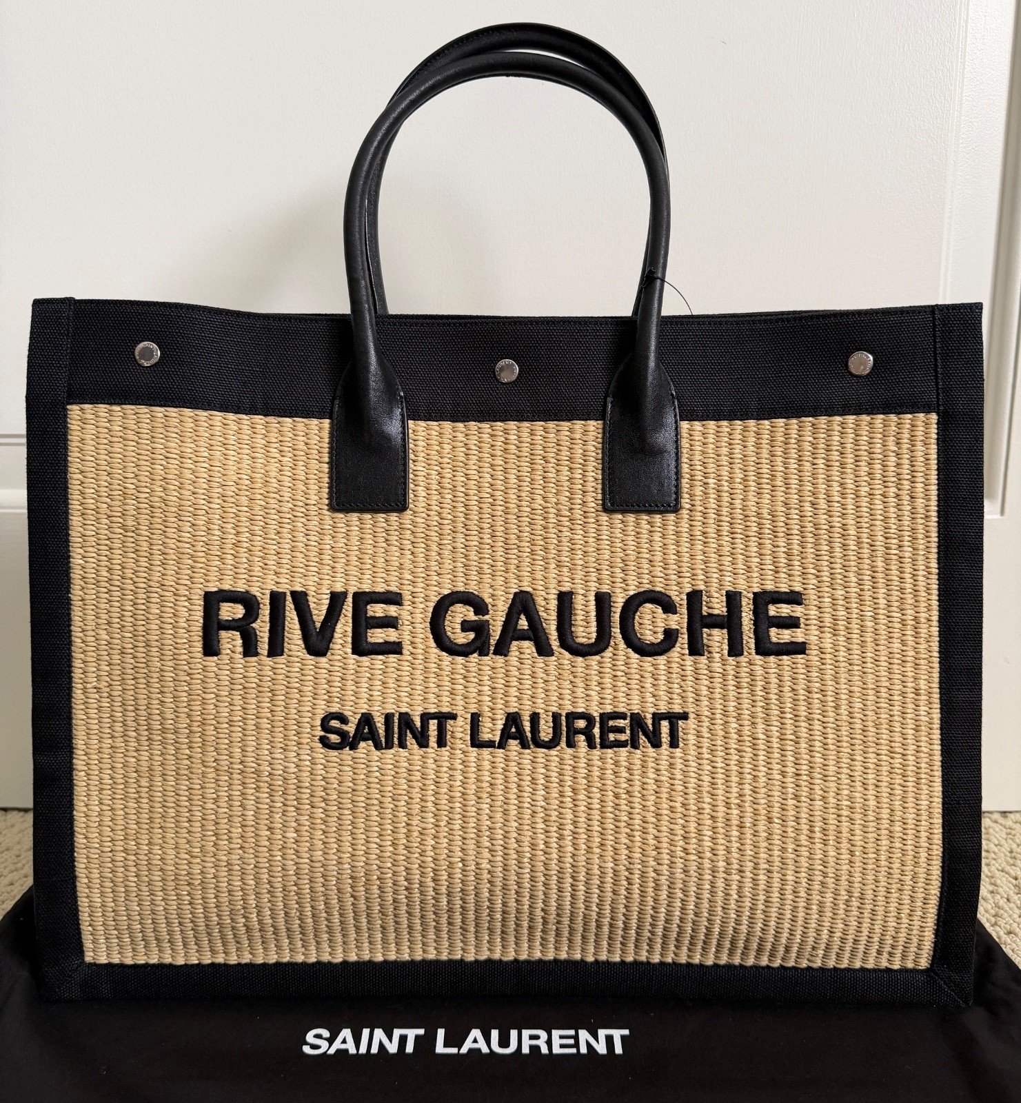 NWT Saint Laurent YSL Rive Gauche Raffia Beige Black Canvas Logo Tote Bag $3450