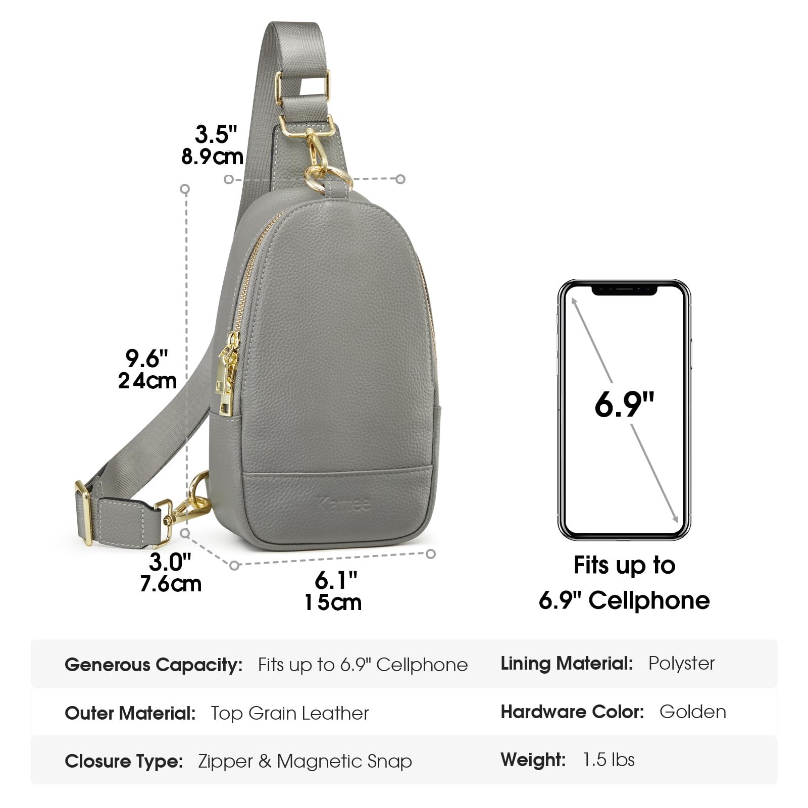 Kattee Crossbody Bag for Women, Womens Leather 14 cm x 7.5 x 30 cm, Grey
