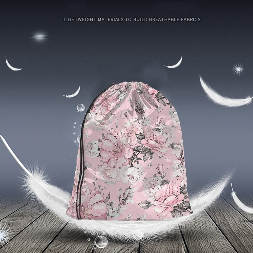 Pink Floral Print Polyester Drawstring Backpack, Unisex, 14×16.9 Inch, Modern…