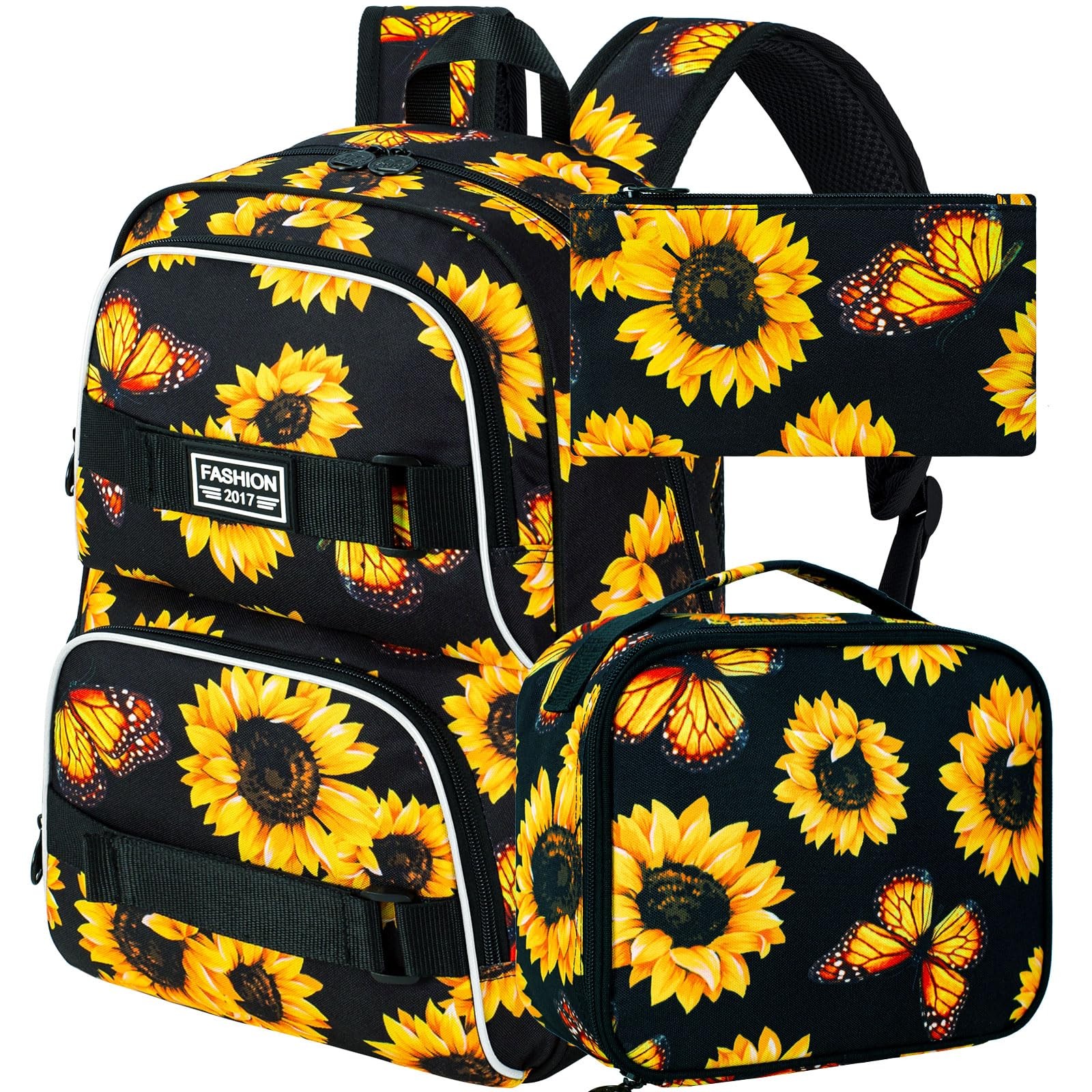 Backpack For Girls Women 17 Inch Sunflower Laptop Bag Lunch Bag 3 PCS Set