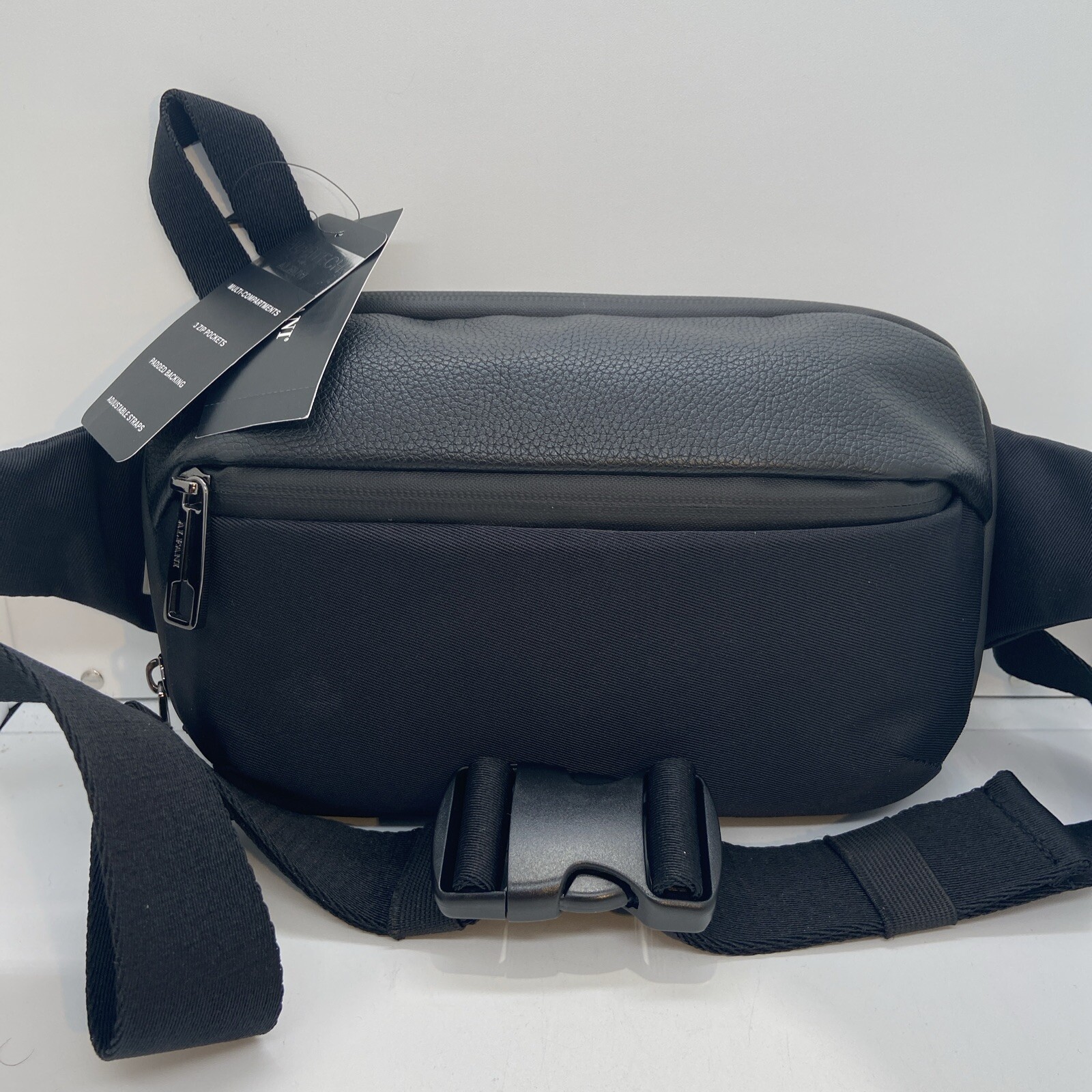 NWT Alfani ALFATECH Men’s Black Mixed-Media Crossbody Waistpack Fanny Belt Bag