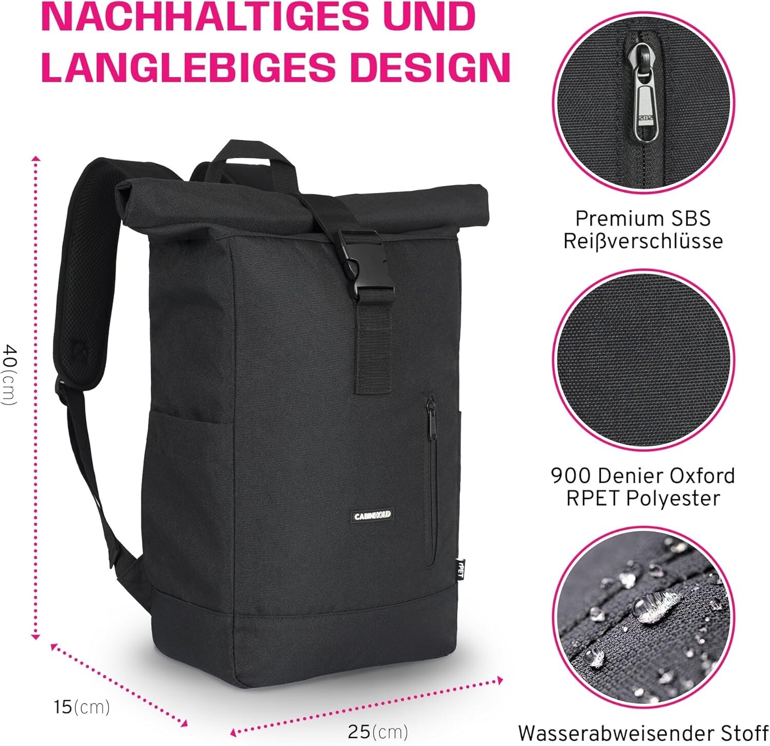 Cabin Bag 40x25x15cm Roll Top Backpack for Ryanair, Wizzair, EasyJet AMS RPET
