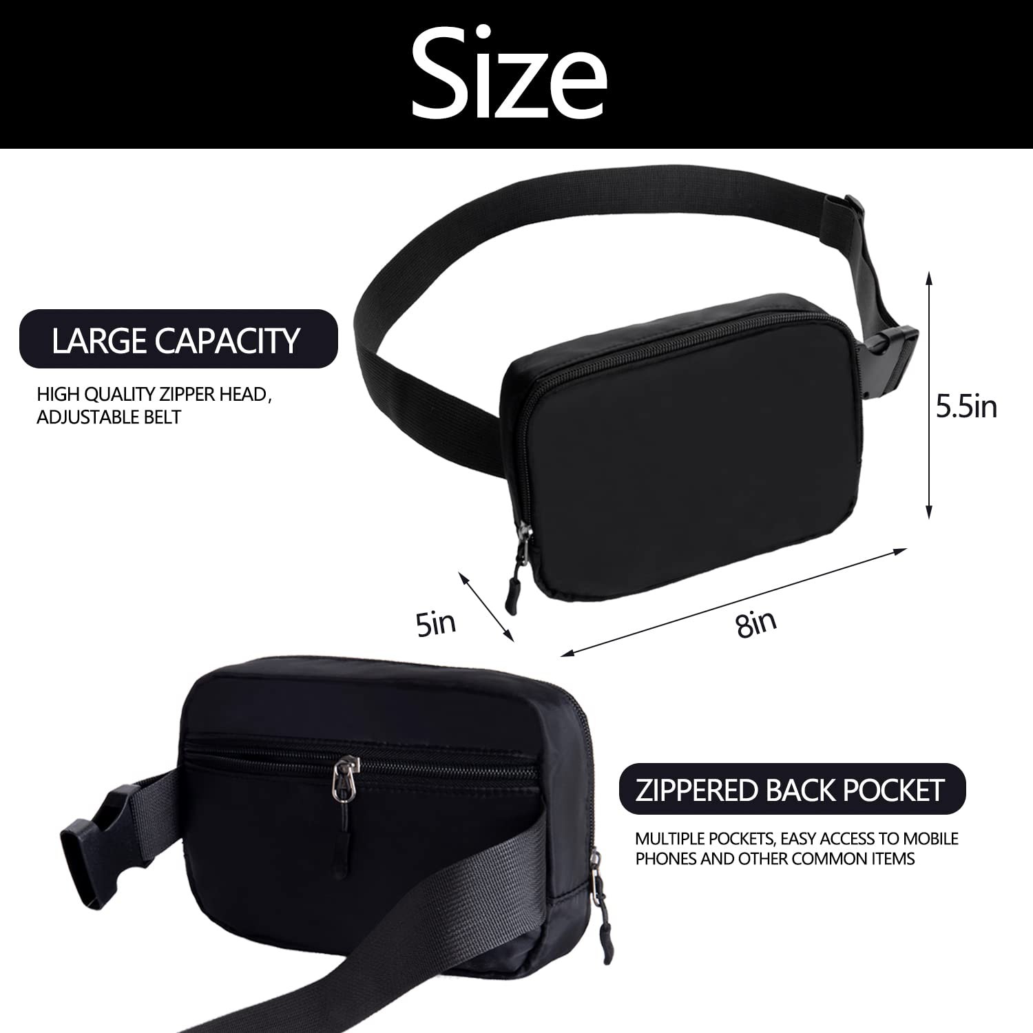Belt bag Fanny pack crossbody bags for women 8 x 2 x 5.5 inches, black