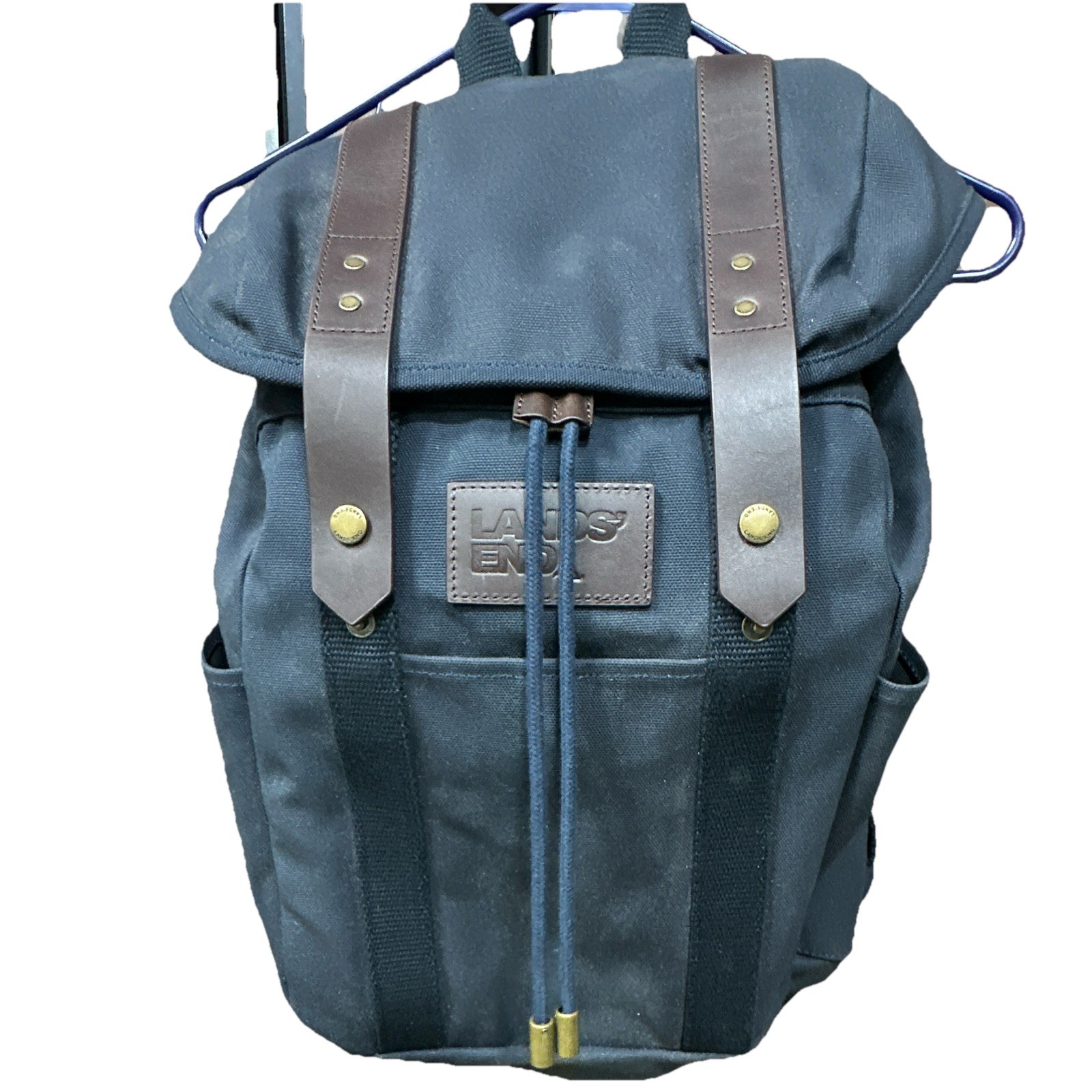 Lands’ End Canvas Backpack Blue Brown Drawstring Flap School Travel Bag