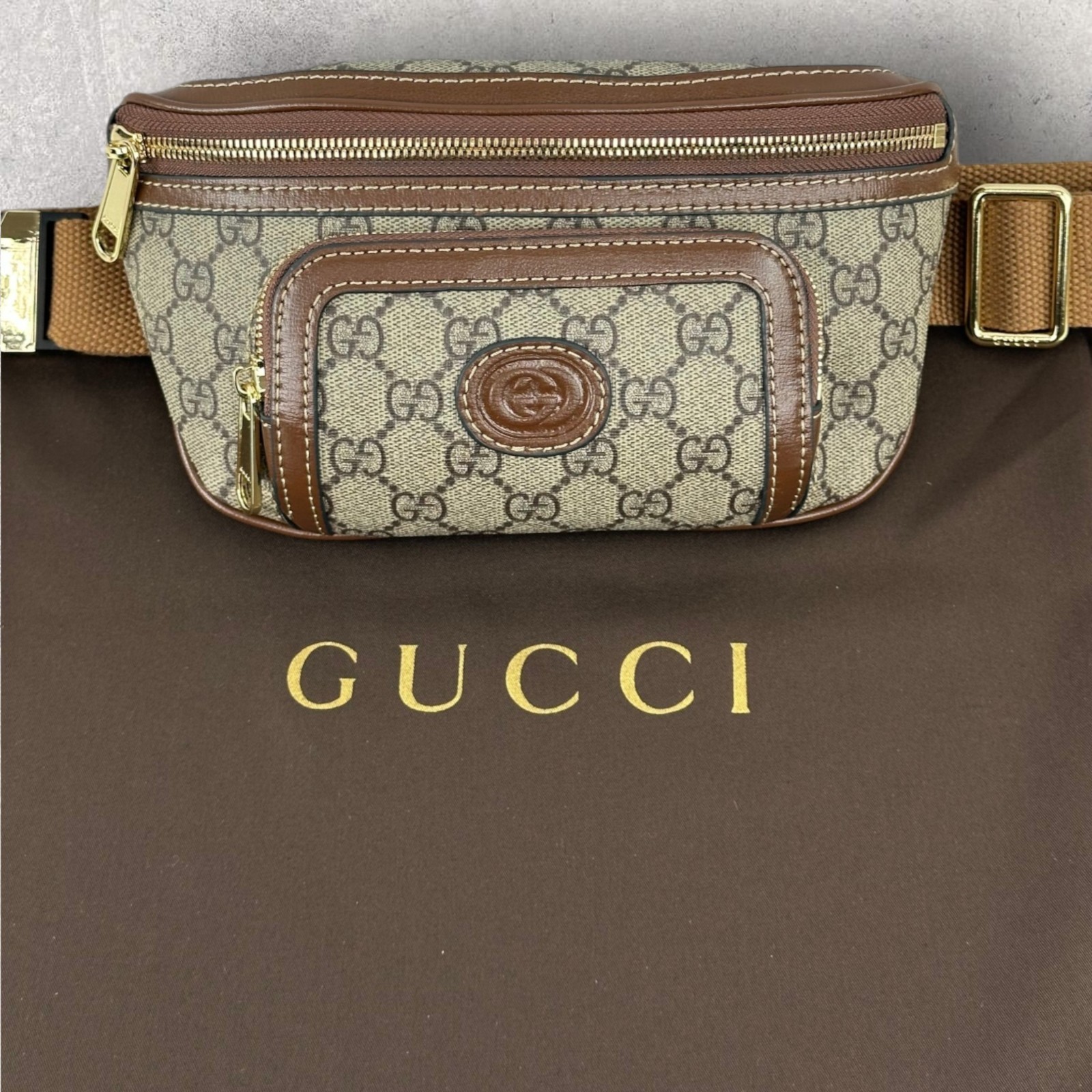 Gucci GG Monogram Interlocking G Canvas Leather Crossbody Belt Bag Beige 682933