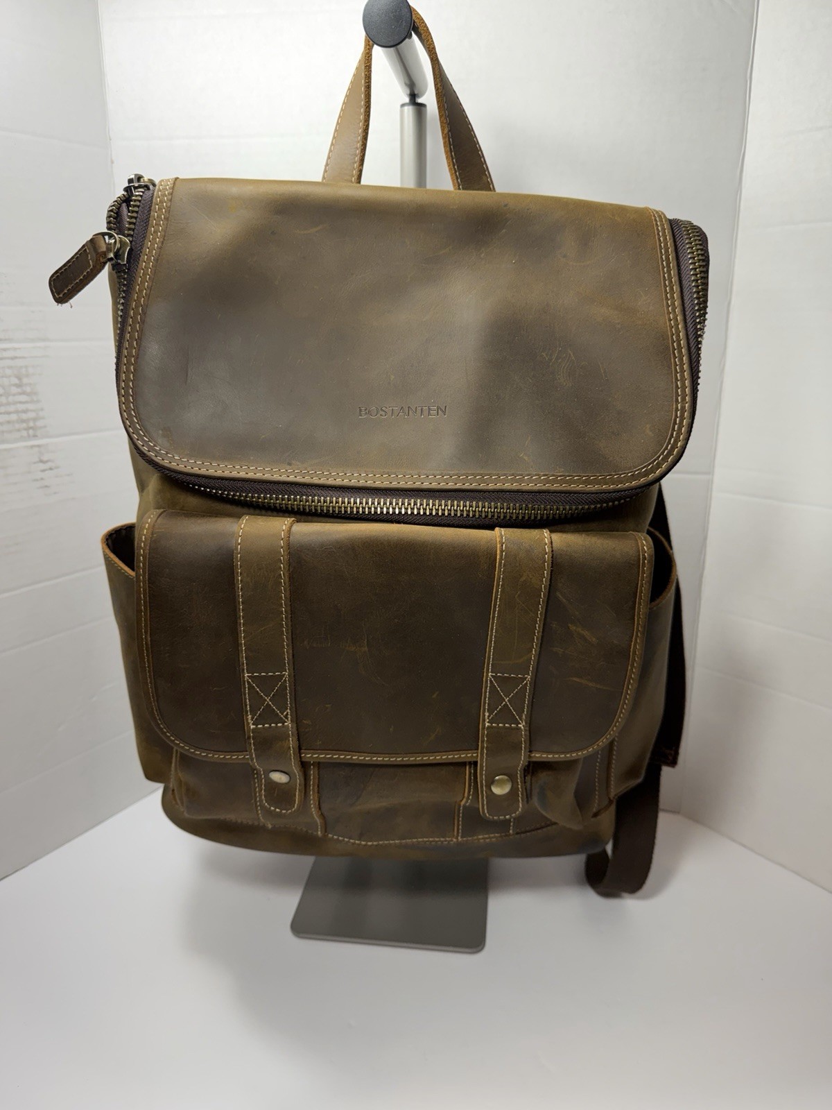 BOSTANTEN Brown Backpack Zip & Snap Closure Men Adjustable Strap Outer Pockets