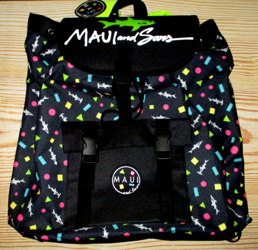 MAUI AND SONS SHARKS ALL OVER DRAWSTRING BLACK BAG SACK PACK BACKPACK