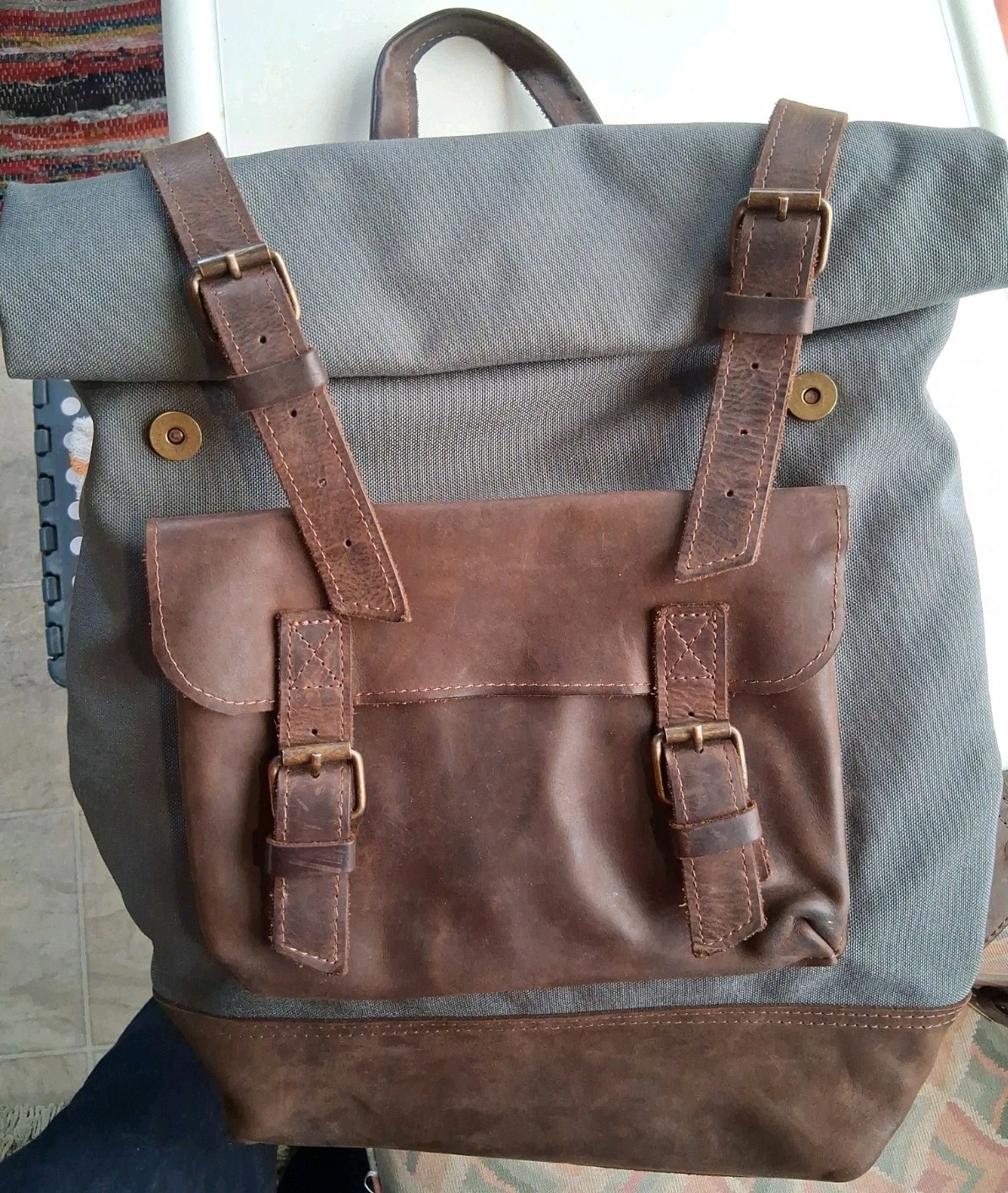Waxed Canvas And Leather Roll Top Backpack