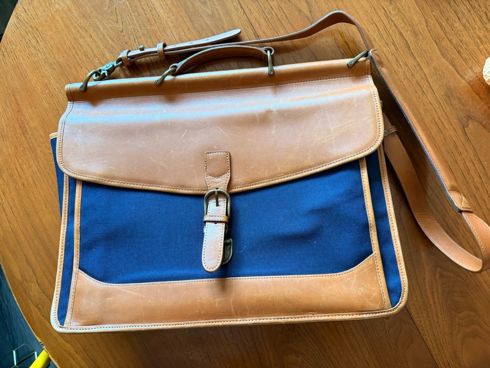 Vintage LL Bean BLUE Nylon/Leather Briefcase Travel Top Handle Strap
