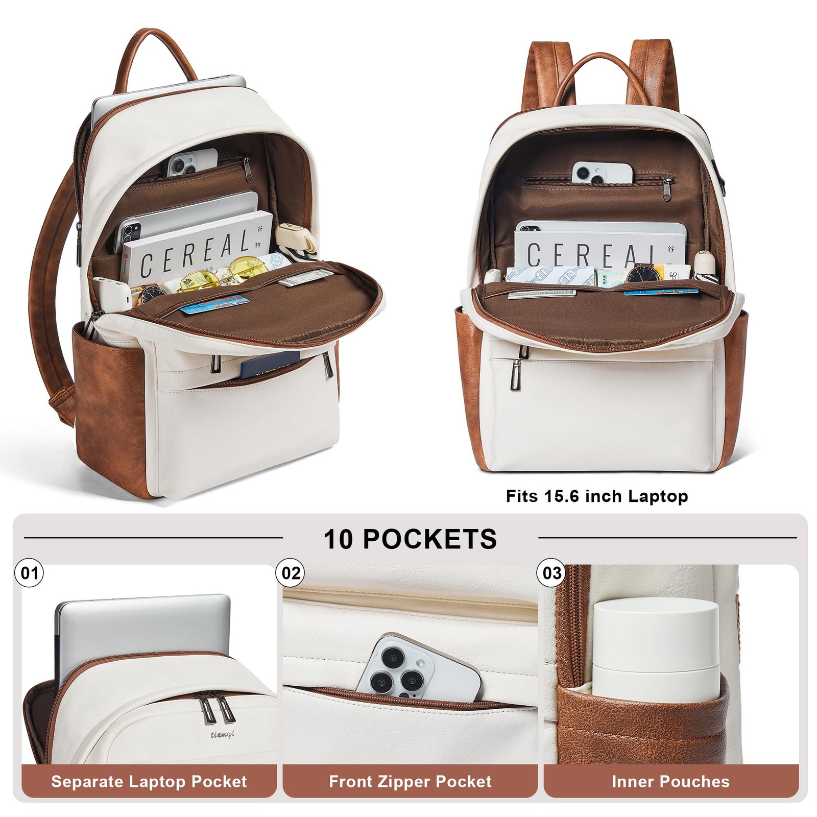 Vegan Leather Backpack for and Men, Fits 16.0 Inch Laptop, Multi-Pocket Desig…