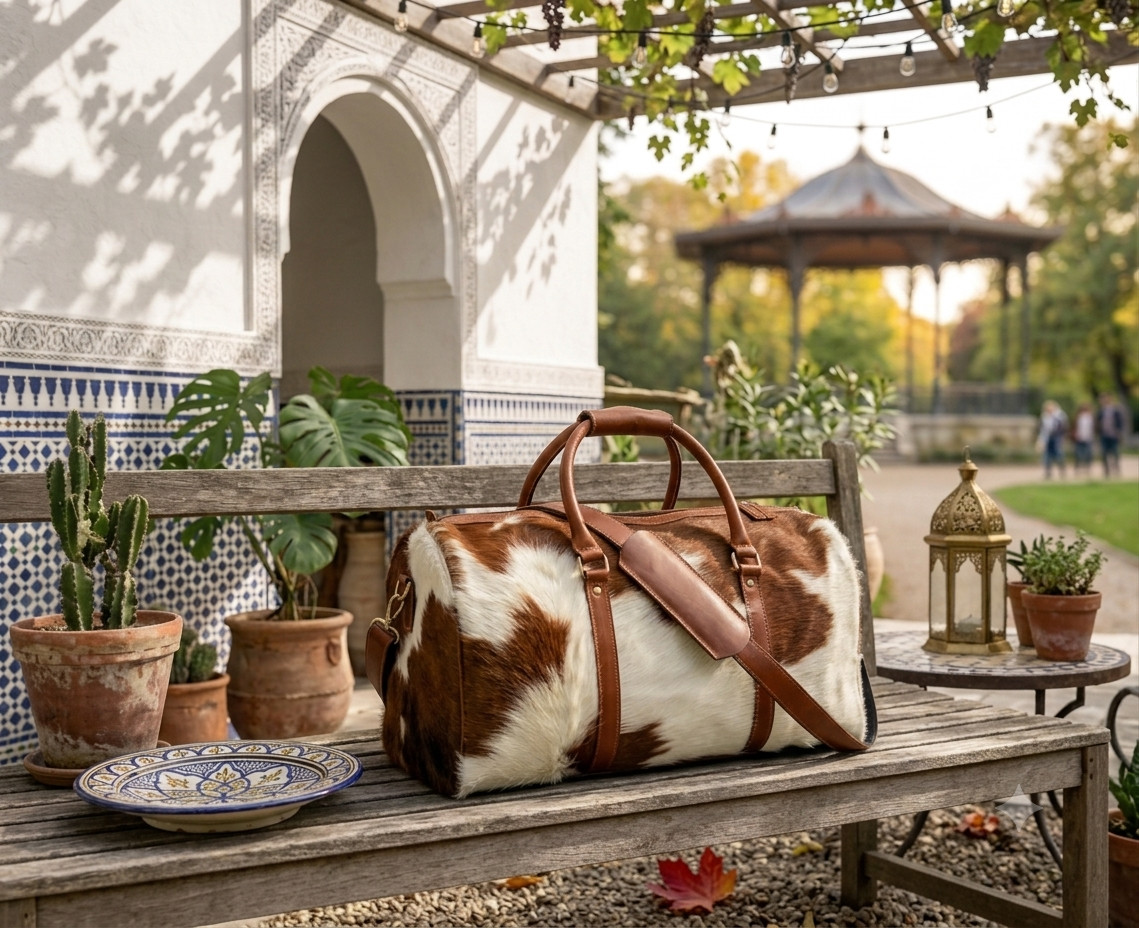 Brown White Hair On Cowhide Leather Duffle Bag Men Women Travel Weekender Overni