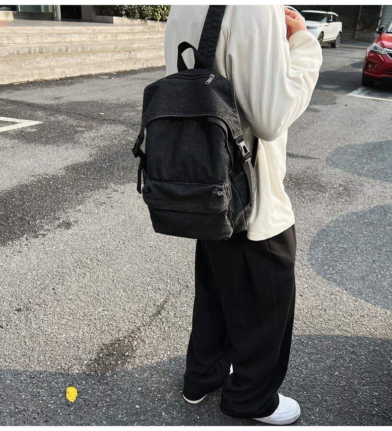 Classic Retro Denim Backpack Y2K Aesthetic Shoulder Bag Lightweight Daypack C…