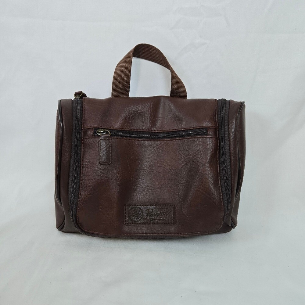 Original Penguin Mens Brown Faux Leather Shaving Toiletry Travel Hanging Zip Bag