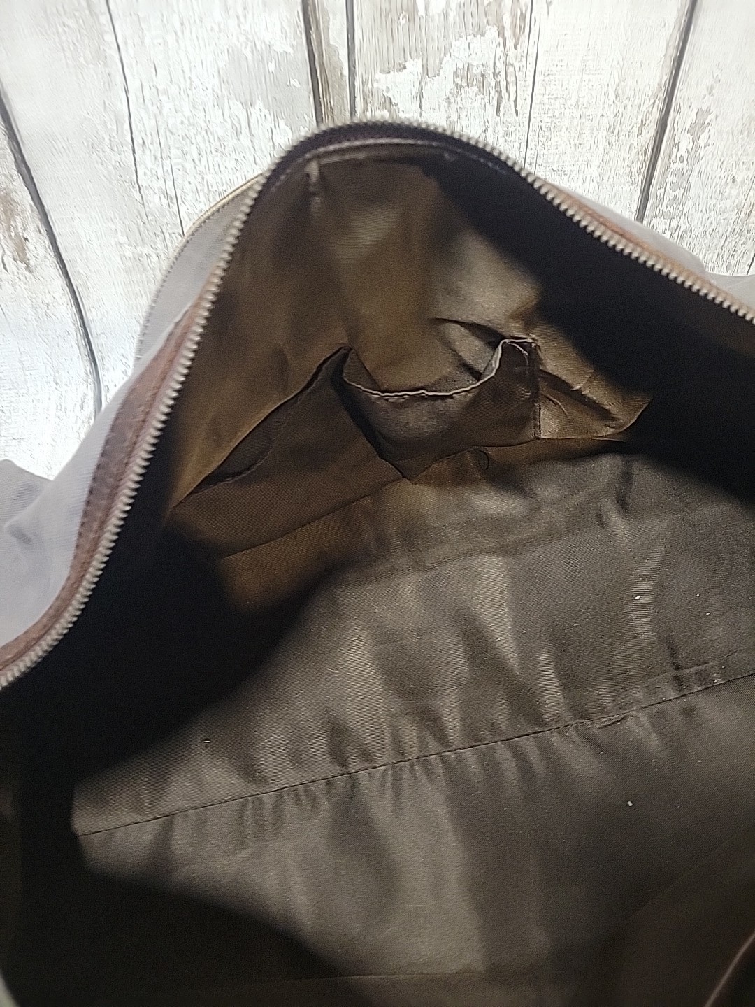 S-ZONE Distressed Gray Canvas Duffle Bag Brown Leather Trim Travel Bag NO STRAP