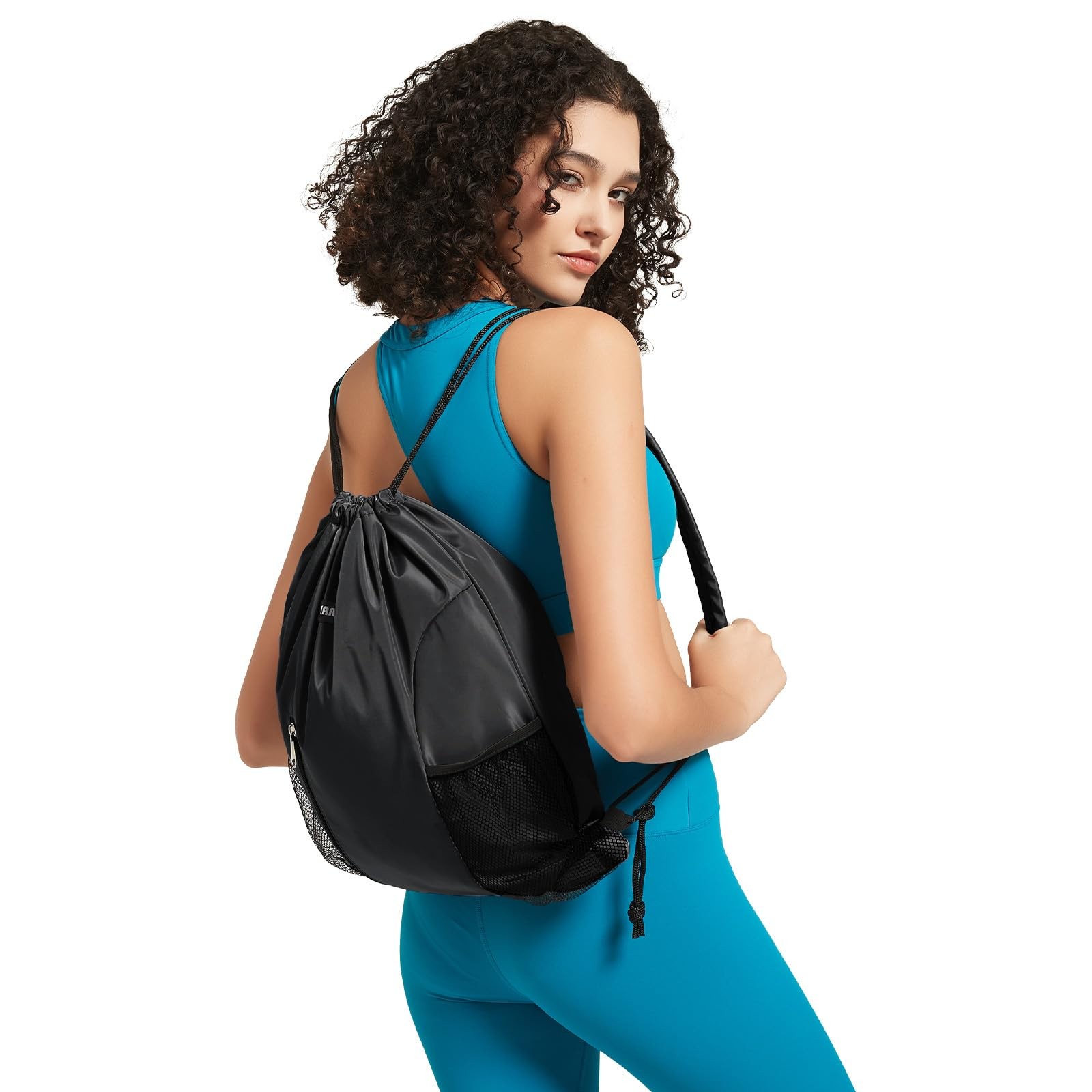 Drawstring Backpack with Shoulder Pad Sports Gym Backpack with Mesh Pocket Black