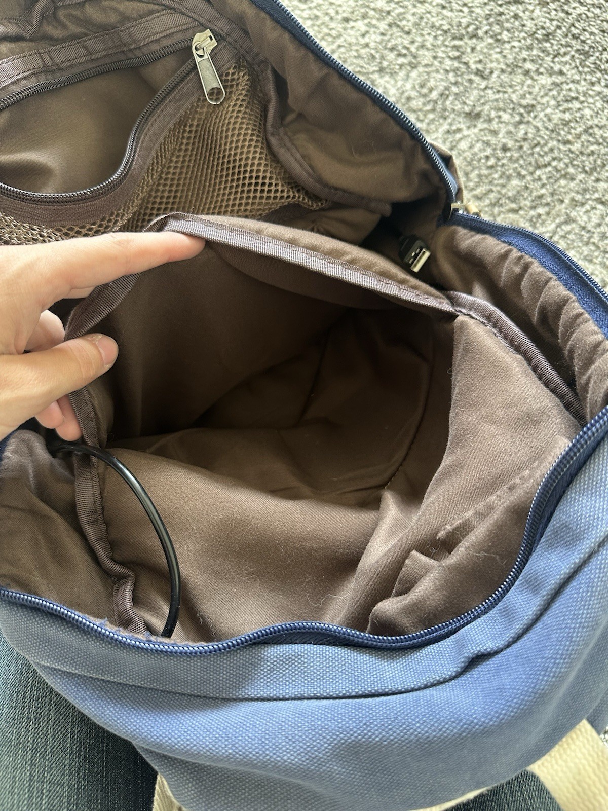 Blue And White Striped Backpack With Charging Port Lots Of Pockets