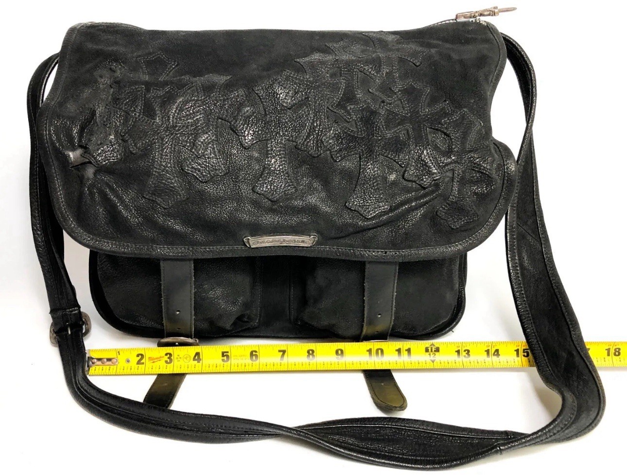 Vintage 90’s Chrome Hearts Cross Patches Gunslinger Black Leather Messenger Bag