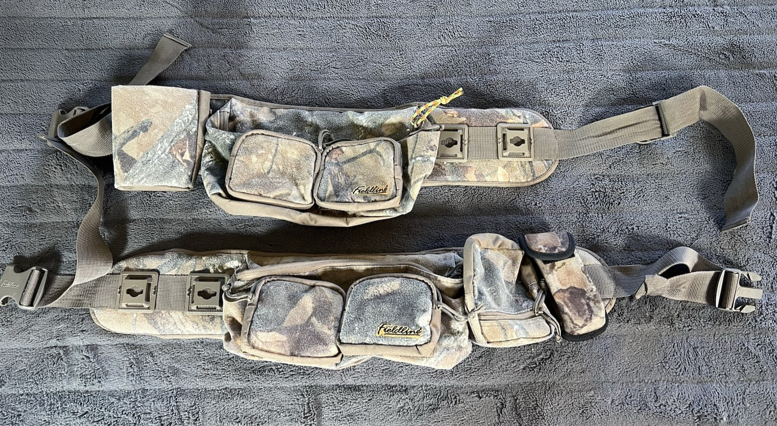 Fieldline Lot of 2 Green Brown Camo Waist Fanny Hunt Hike Packs With Attachments