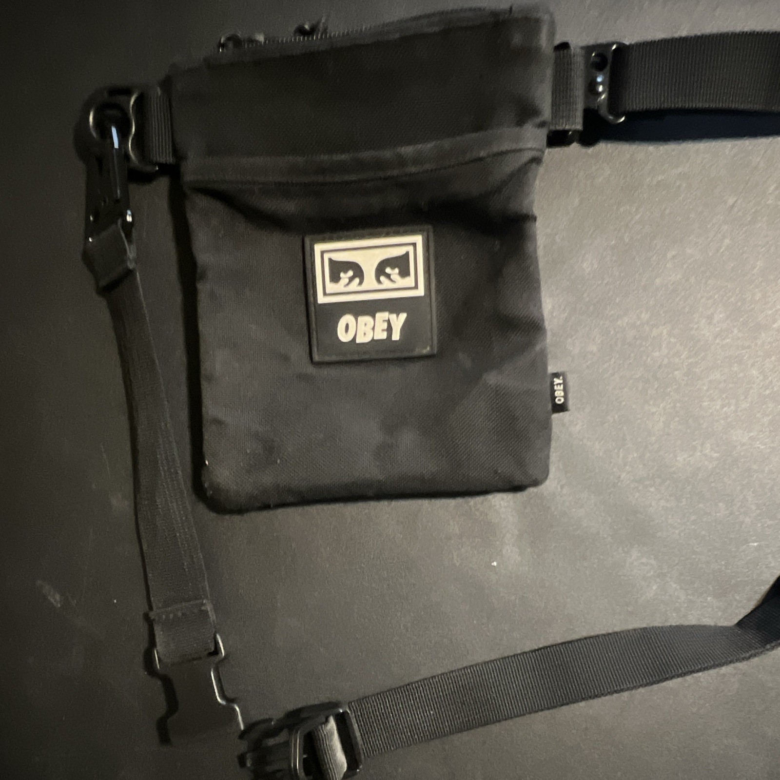 OBEY Black Crossbody Bag Solid Casual Zip Closure Adjustable Cross-Body Strap
