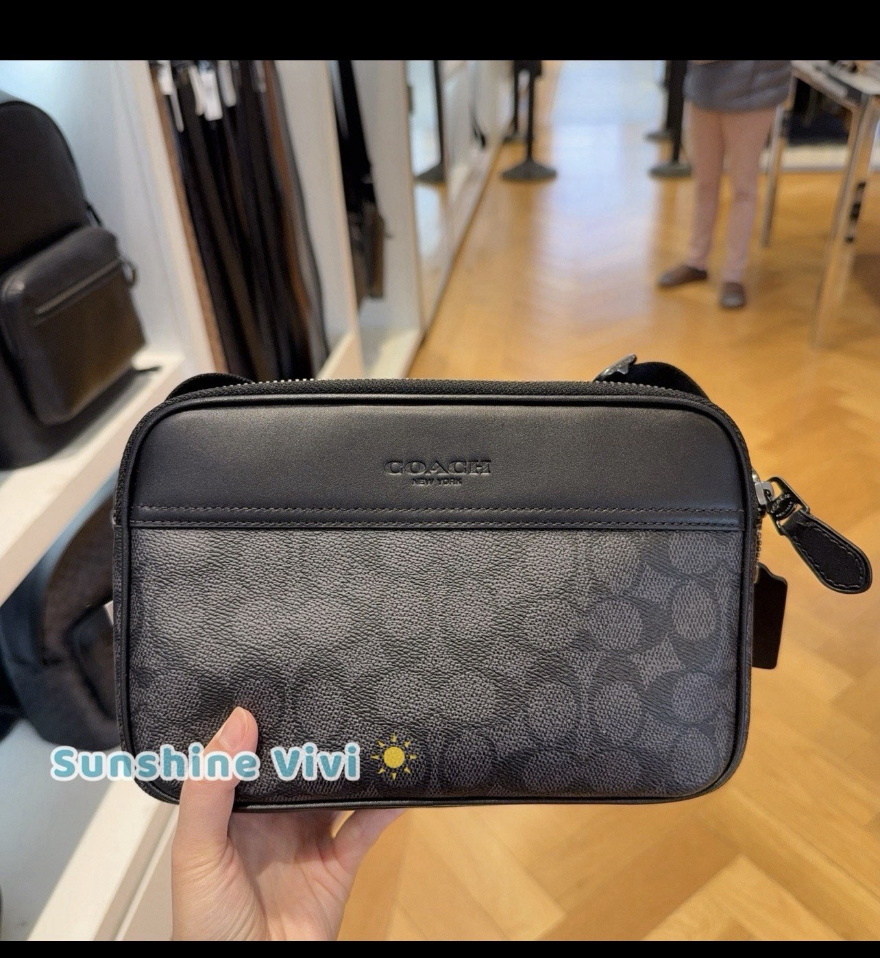 Coach Men’s Black Gray Logo Print Leather Canvas Crossbody Bag Adjustable Strap