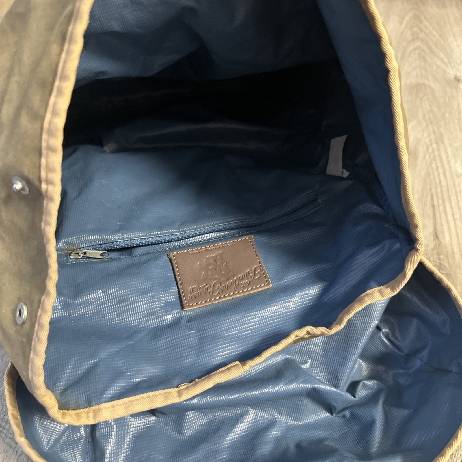 The Brothers Bray Billykirk Backpack Cotton Olive Tan Leather Trim Vinyl Liner
