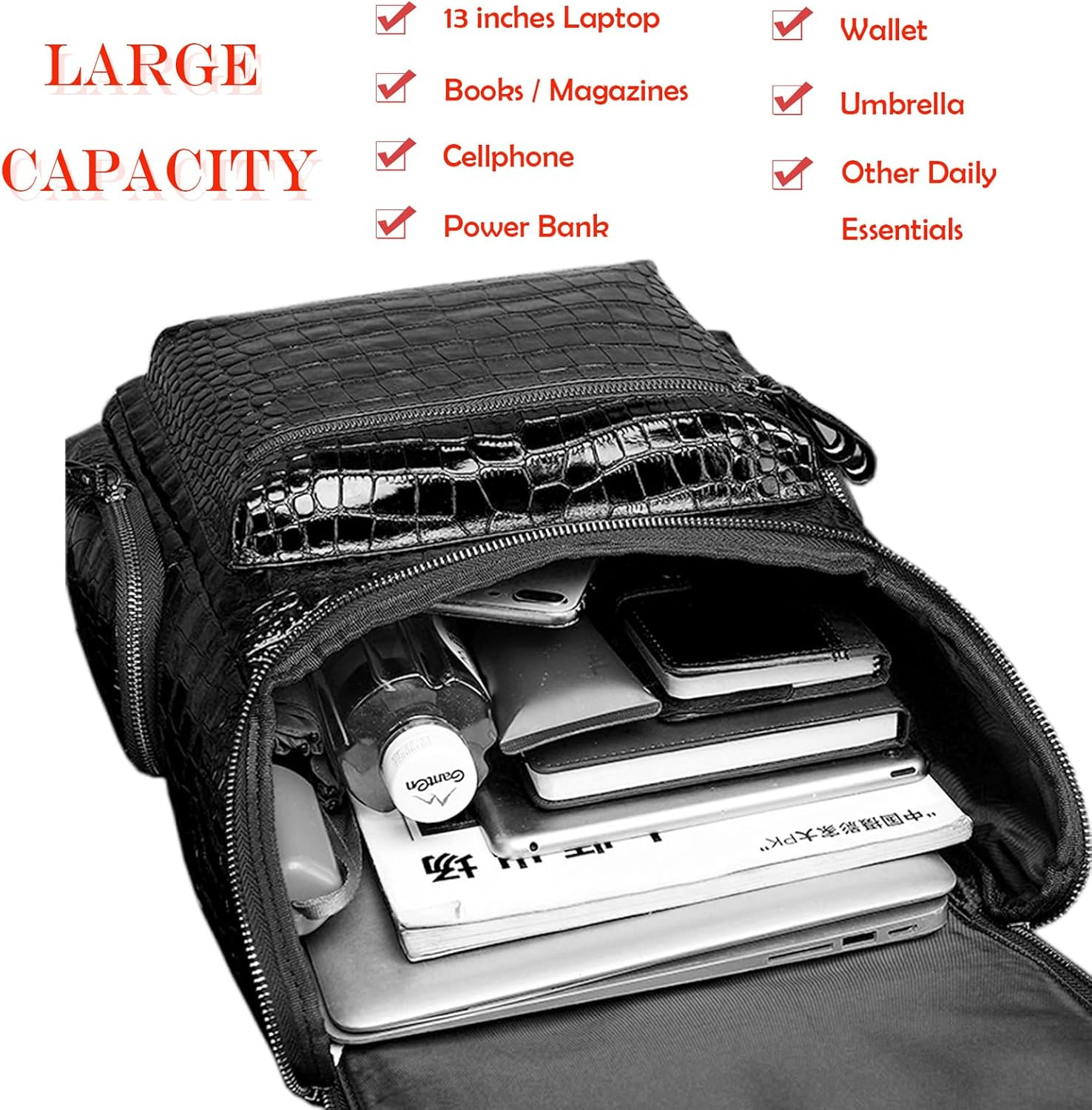 Crocodile Pattern Leather Laptop Backpack for Men – Stylish Travel Daypack